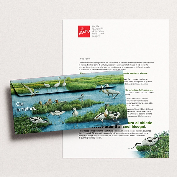 Una brochure ripiegata con uccelli in una zona umida si trova sopra una lettera con testo in italiano e il logo LIPU in alto.