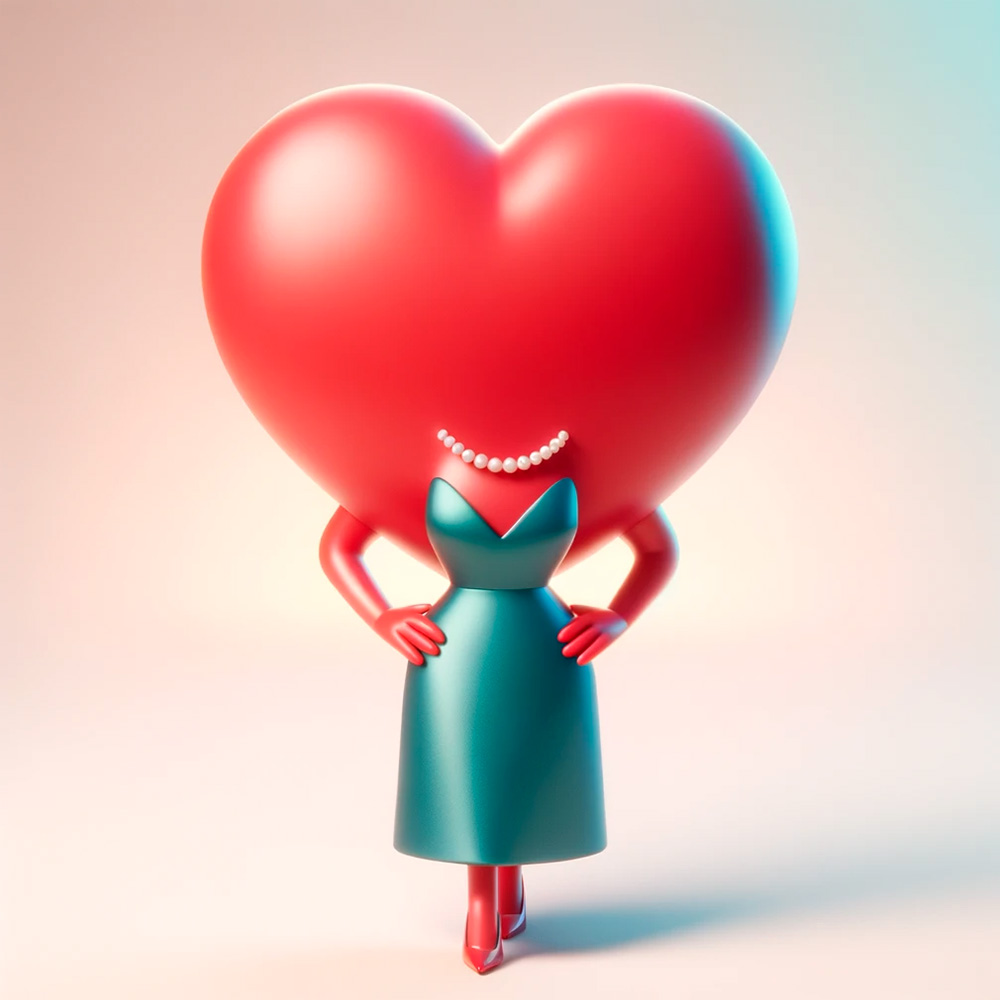 Cuore umanoide con vestito verde e collana perle