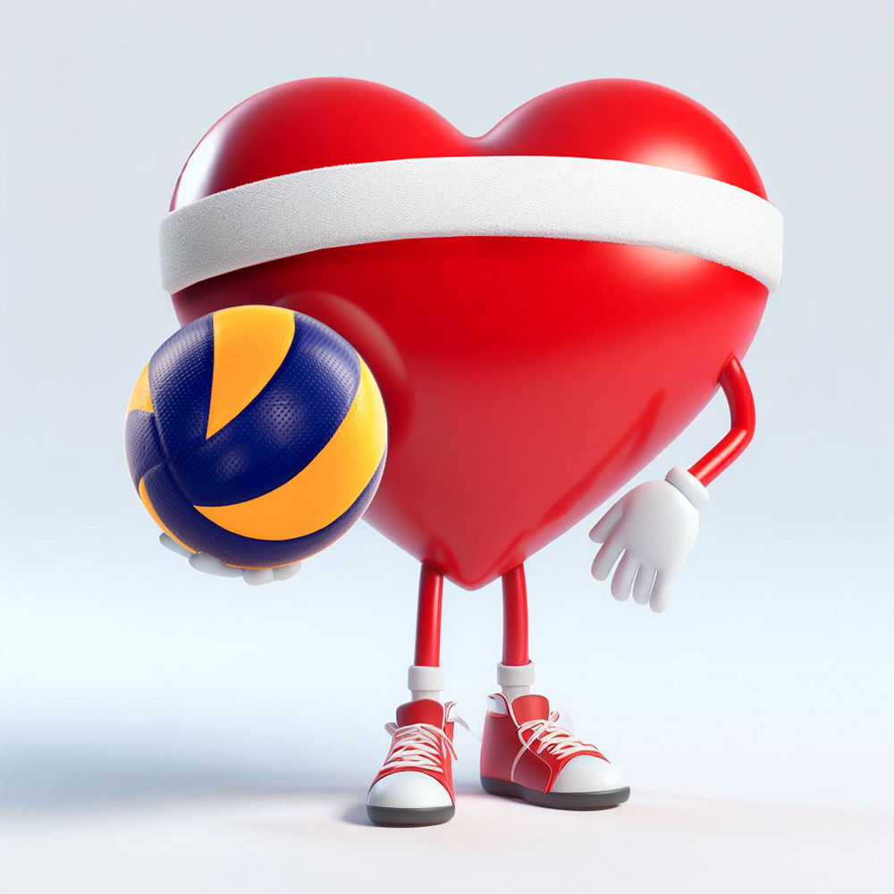 Heart character holding volleyball wearing headband sneakers