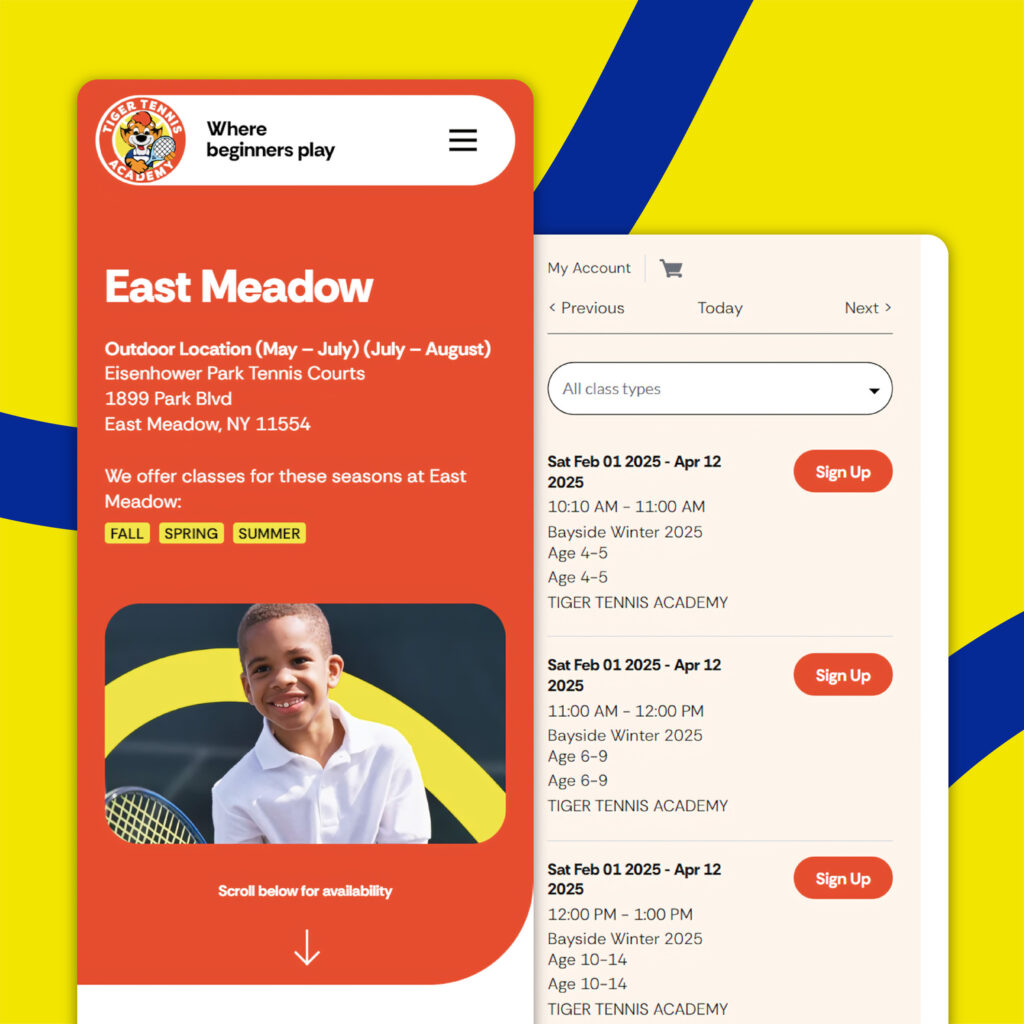 Interfaccia mobile del sito "Tiger Tennis Academy" con prenotazione lezioni.