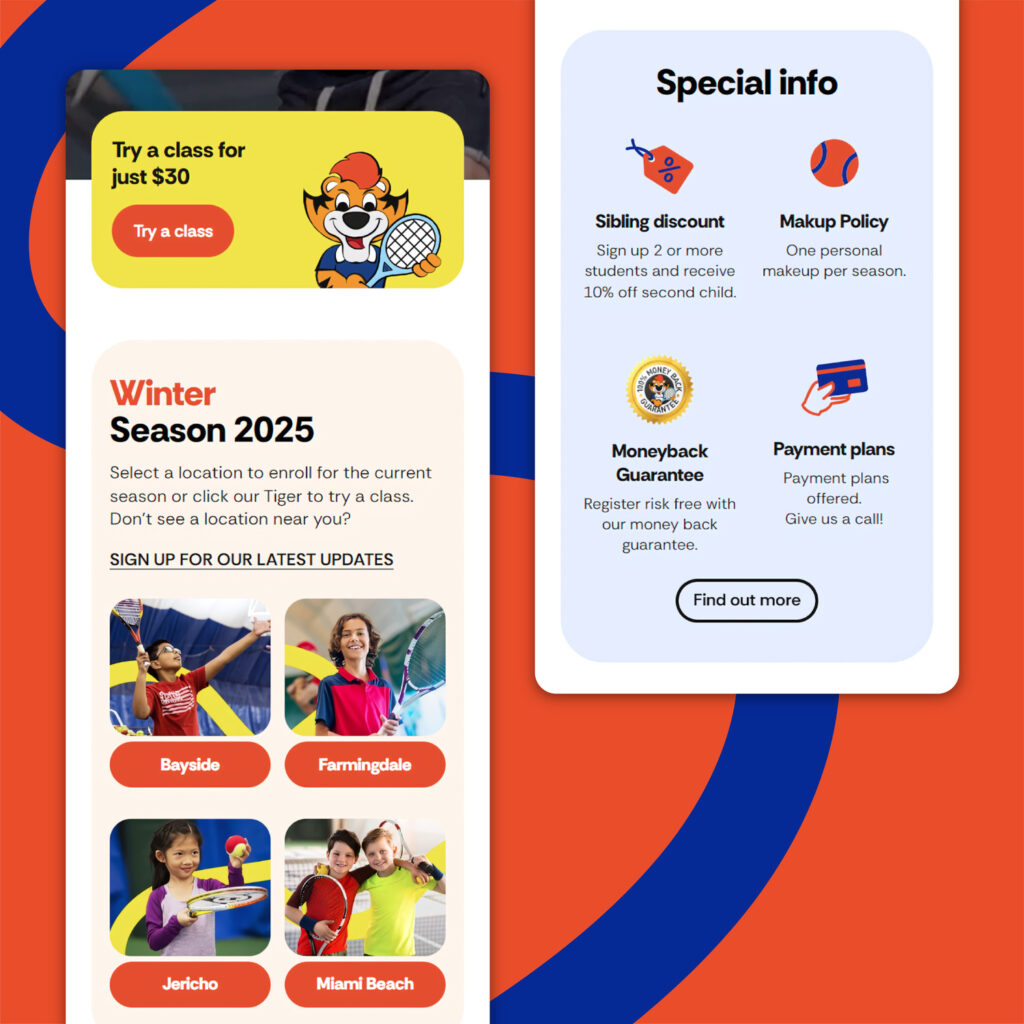 Interfaccia mobile del sito "Tiger Tennis Academy" con le location della Winter season 2025 e informazioni sui servizi .