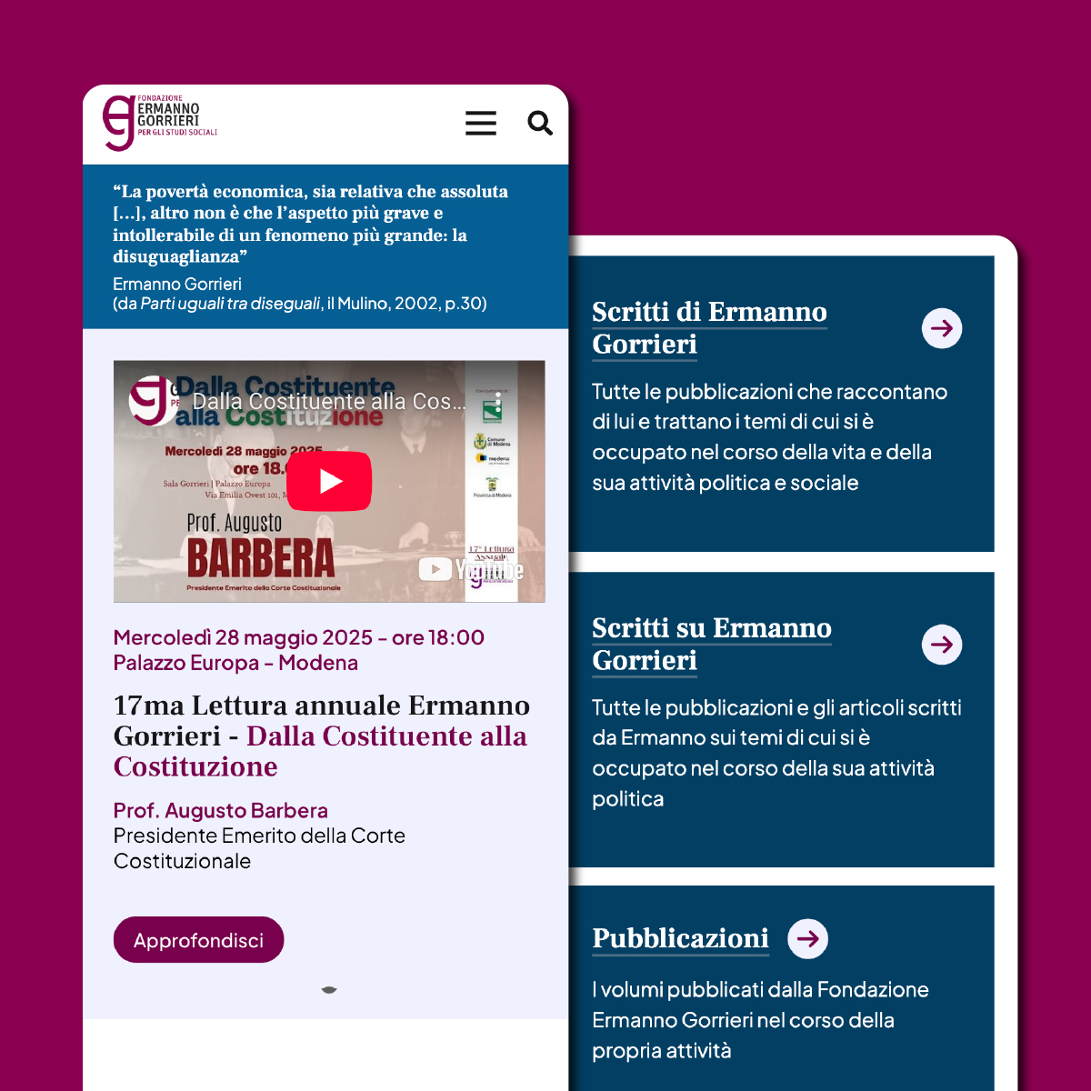 Vista mobile e desktop del sito Gorrieri con evento, citazione e sezioni sulle pubblicazioni