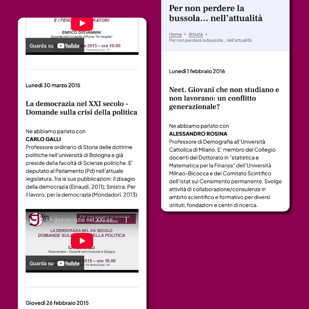 Sezione eventi del sito Gorrieri con conferenze su democrazia, giovani e crisi della politica