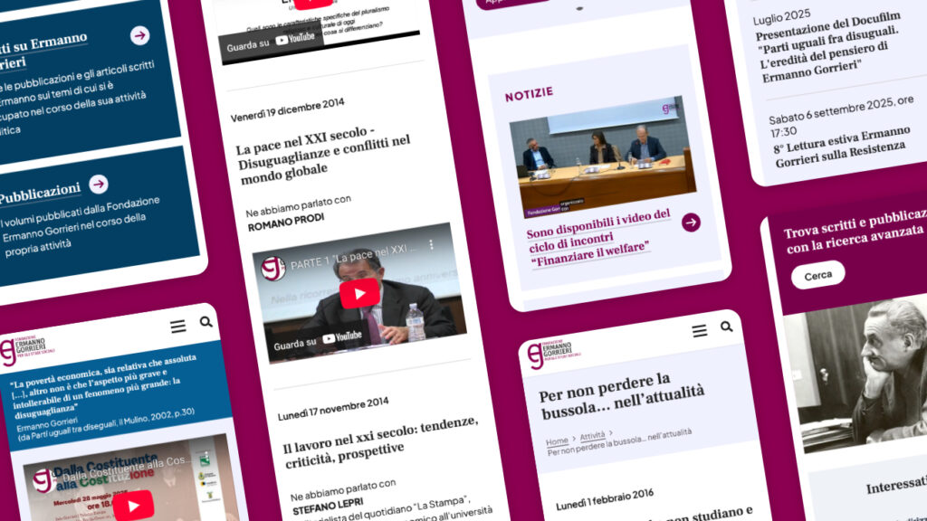 Layout responsive del sito della Fondazione Gorrieri con articoli, eventi e video incorporati