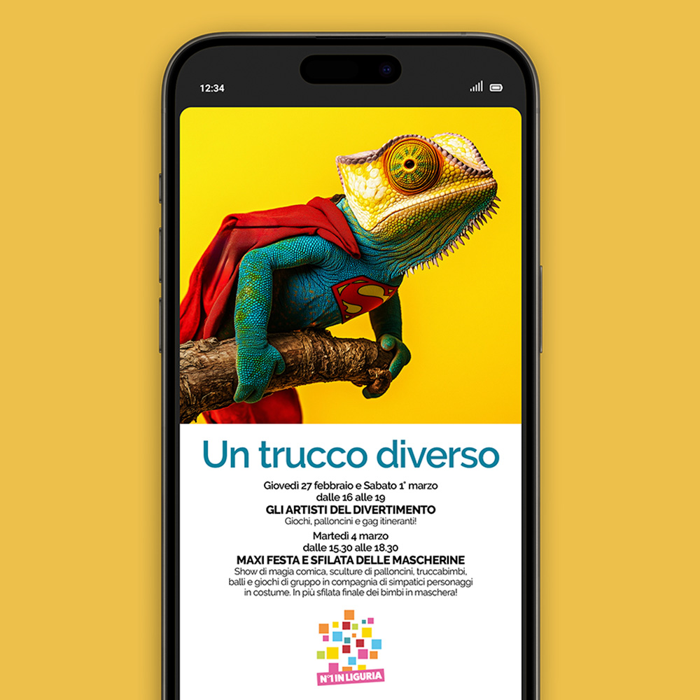Storia instagram della campagna Diversi per natura, in cui un camaleonte è vestito da Superman.