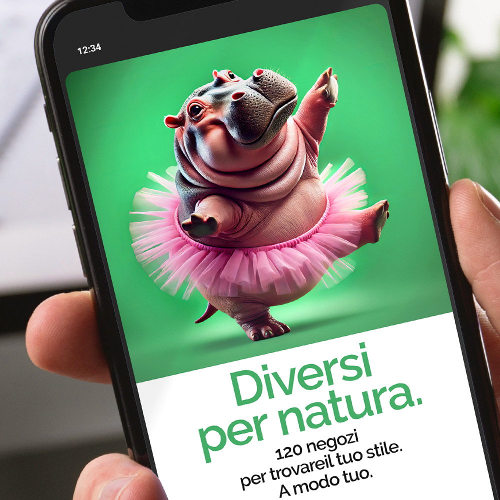 Storia Instagram della campagna Diversi per natura su cui si vede un ippopotamo con un tutù rosa mentre balla.