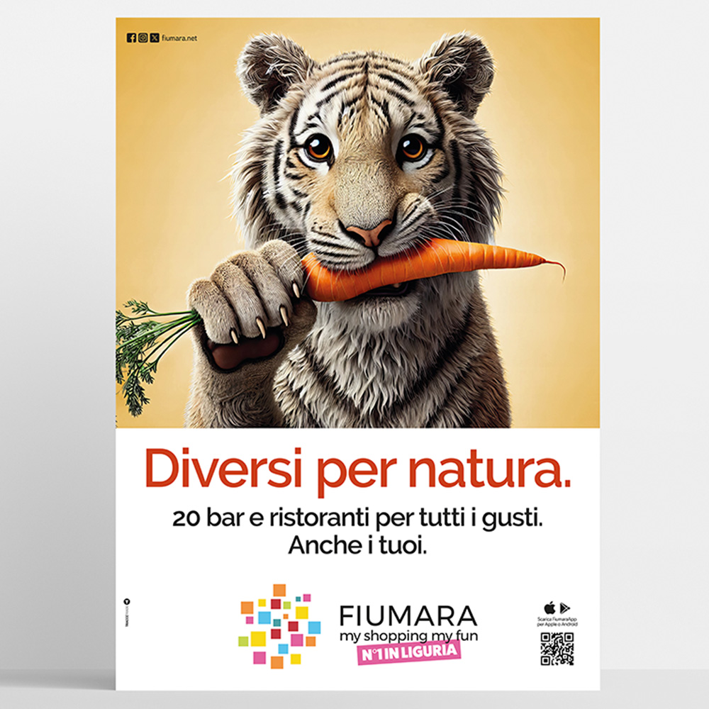 Manifesto della campagna Diversi per natura su cui è rappresentata una tigre che mangia una carota.